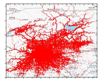 Figure 6. Visualization of the filtered T-Drive dataset (© OpenStreetMap Contributors)