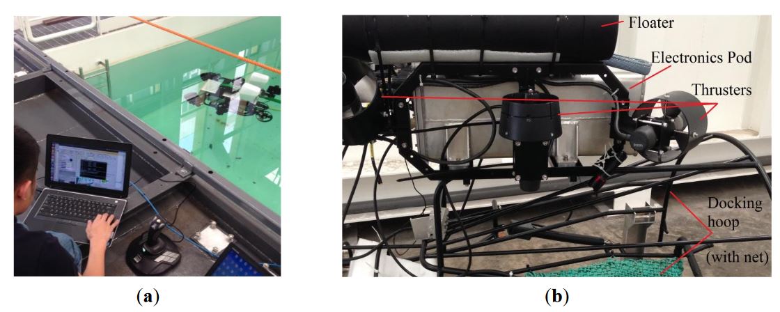 Figure 18. Experimental test setup of AUVDH (a) near water tank (b) on ground after test