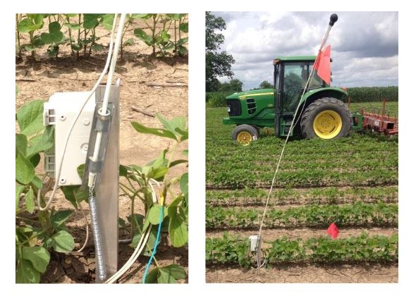 Figure 2 . Close-up (Left) and complete view (Right) of field datalogger and radio/antenna mount installed in a soybean field